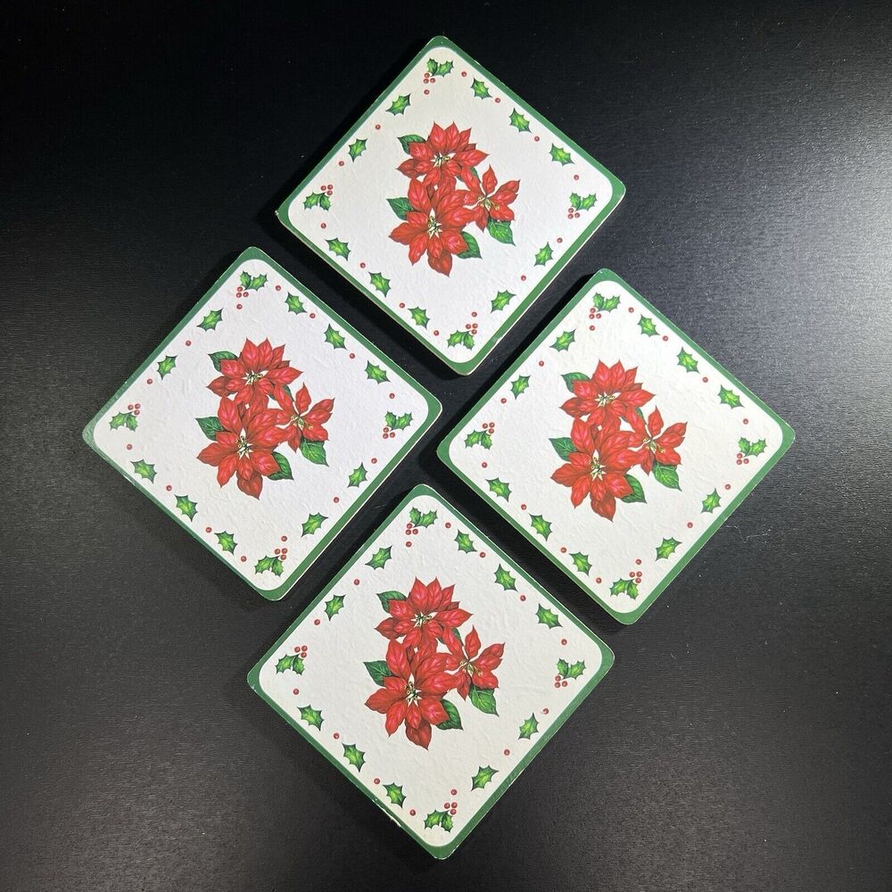 Atico International Vintage Poinsettia And Holly Cork Back 4 Pack Of Coasters